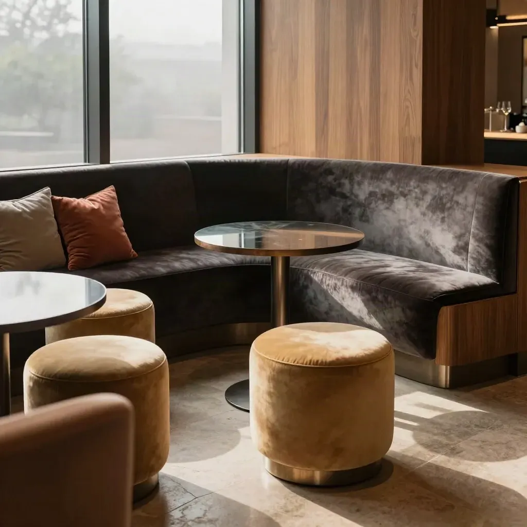 Tom lounge med böjd soffa, barbord och reserverade sittplatser i varm kvällsstämning.
