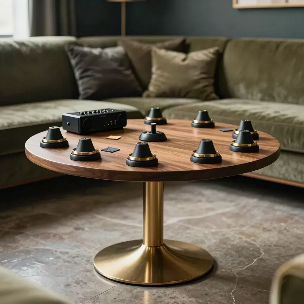 Quizbuzzer, ljudutrustning och ett runt ståbord i mörk lounge med guldiga detaljer.
