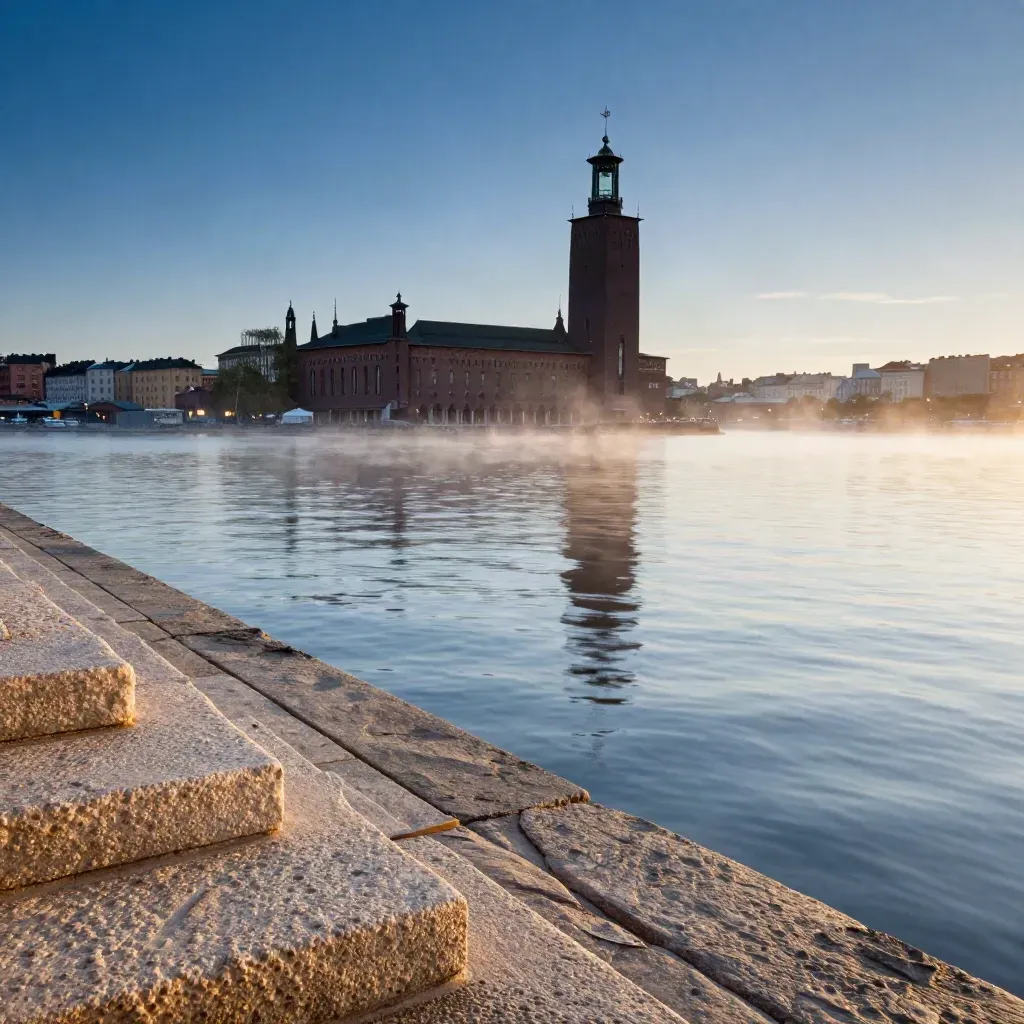 Stockholms stadshus i blå timme över stilla Riddarfjärden